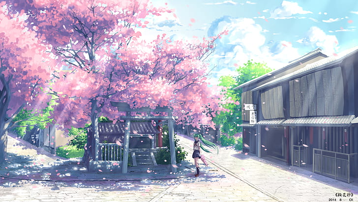 Ilustración de Hatsune Miku, Vocaloid, Hatsune Miku, anime, flor de cerezo, uniforme escolar, Fondo de pantalla HD
