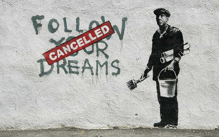 wall, the inscription, graffiti, figure, bucket, brush, stensil, stencil, cancelled, follow your dream, painter, HD wallpaper