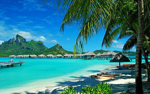 strand, Bora Bora, utväg, bungalow, hav, palmer, HD tapet HD wallpaper