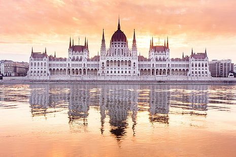 Monuments, Bâtiment du Parlement hongrois, Architecture, Budapest, Bâtiment, Danube, Monument, Réflexion, Fond d'écran HD HD wallpaper