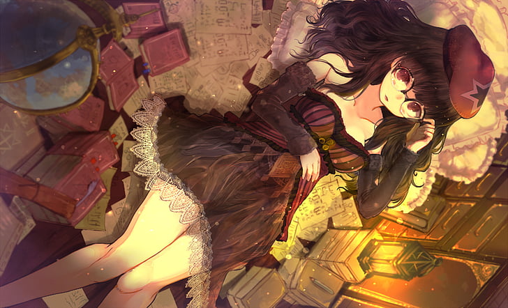 Anime, Original, Book, Dress, Girl, Glasses, Hat, Latern, Long Hair, Lying Down, HD wallpaper