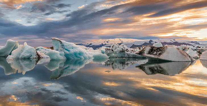 เนื้อน้ำ, โจกุลซาลอน, ภูเขาน้ำแข็ง, การสะท้อน, ภูมิทัศน์, ธรรมชาติ, พระอาทิตย์ตก, ไอซ์แลนด์, ลากูน, น้ำ, วอลล์เปเปอร์ HD