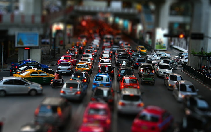 car lot, car, traffic, city, street, tilt shift, HD wallpaper
