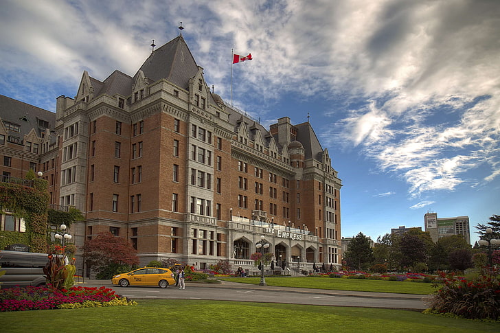 administration, architecture, building, canada, car, castle, city, clouds, daylight, empress building in victoria, facade, flag, flagpole, flowers, landmark, lawn, mansion, outdoors, park, people, pole, sky, street, ta, HD wallpaper