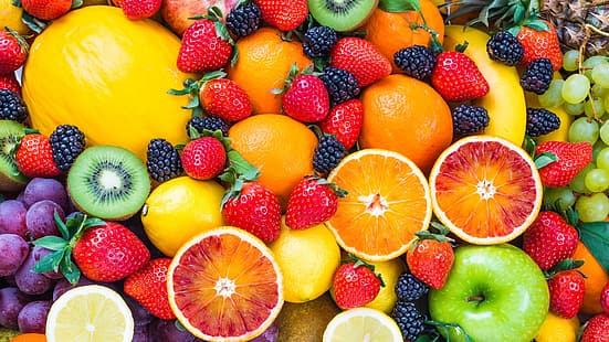 frukt, jordgubbar, blåbär, citroner, björnbär, apelsin (frukt), äpplen, bananer, HD tapet HD wallpaper