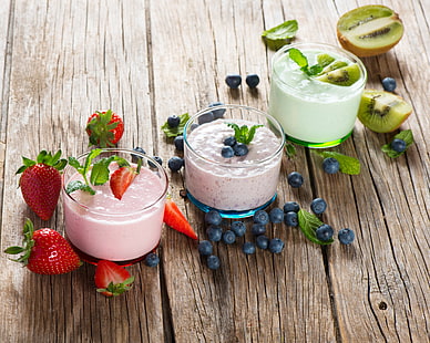 Makanan, Yogurt, Berry, Blueberry, Buah, Kiwi, Still Life, Strawberry, Wallpaper HD HD wallpaper
