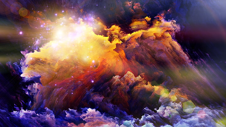 opera d'arte nuvole gialle e viola, arte digitale, astratto, spazio, universo, stelle, colorato, riflesso lente, splendente, nebulosa, Sfondo HD
