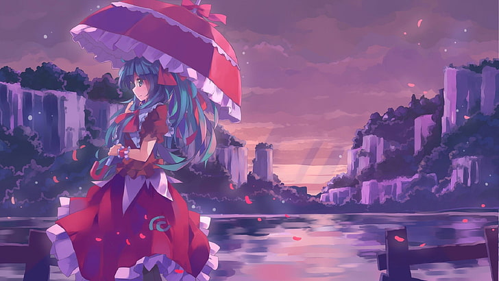 Anime Mädchen, Regenschirm, Berge, Kagiyama Hina, Touhou, HD-Hintergrundbild