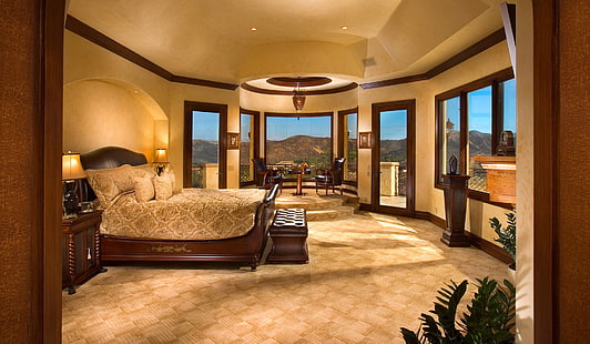 коричневая деревянная каркас кровати, дизайн, стиль, комната, интерьер, спальня, HD обои HD wallpaper