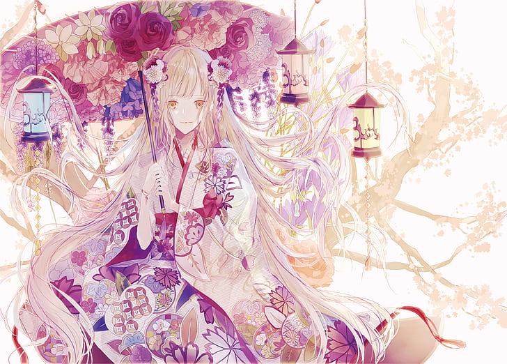 Аниме, оригинално, русо, цвете, кимоно, фенер, дълга коса, чадър, жълти очи, HD тапет