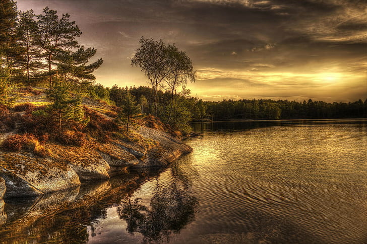 Lago na Suécia na noite, Suécia, Lago, noite, HD papel de parede