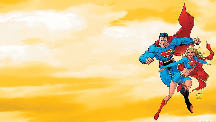 Superman, Supergirl, komiksy, ilustracja, żółty, kostiumy, superbohater, DC Comics, Michael Turner, Jim Lee, Tapety HD