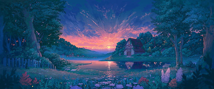 Denis Istomin, peinture, lac, forêt, chalet, lever de soleil, lavande, clôture, Fond d'écran HD