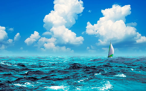 белый и зеленый парусник, море, яхта, парус, HD обои HD wallpaper