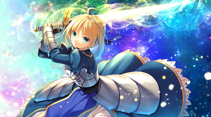 anime, anime girls, Fate/Stay Night, Fate Series, Saber, armor, gloves, ribbons, short hair, blonde, blue eyes, sword, weapon, HD wallpaper