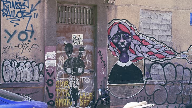 graffiti, braids, door, purple skin, HD wallpaper