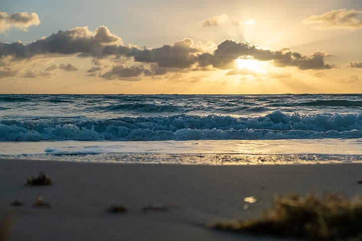 Florida, beach, sea, atlantic ocean, sky, sunrise, horizon, clouds, water, sand, wet, HD wallpaper