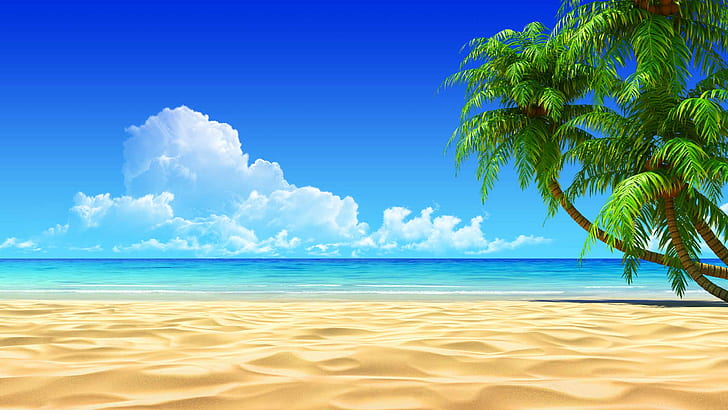 Plaża, błękitne niebo, czysta woda, chmury, zielone drzewo, malowanie nad morzem, plaża, błękitne niebo, czysta woda, chmury, zielone drzewo, Tapety HD