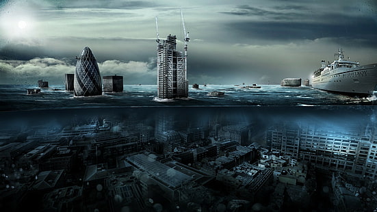 powódź, pejzaż miejski, Londyn, Anglia, Wielka Brytania, podzielony widok, zatopione miasta, sztuka cyfrowa, Alexander Koshelkov, miasto, Tsunami, manipulacja zdjęciami, Tapety HD HD wallpaper