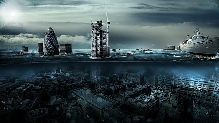 sunken cities, photo manipulation, Alexander Koshelkov, England, flood, digital art, London, city, Tsunami, UK, split view, cityscape, HD wallpaper