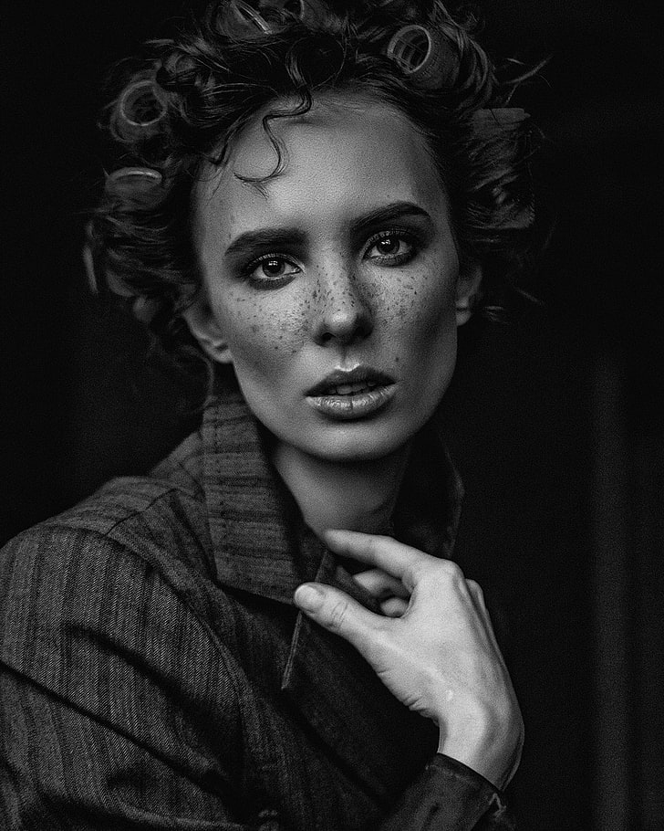 portrait, Aleksey Trifonov, freckles, women, model, face, monochrome, HD wallpaper