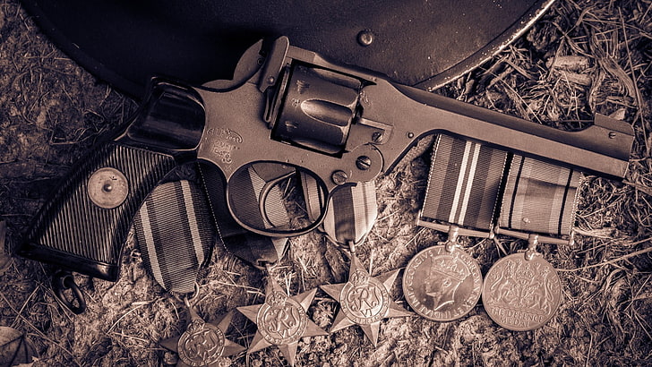 gray and black revolver, pistol, weapon, gun, revolver, Webley Revolver, HD wallpaper