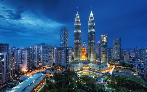 Башня Петронас, Малайзия, Сингапур, ночь, башни-близнецы Петронас, HD обои HD wallpaper