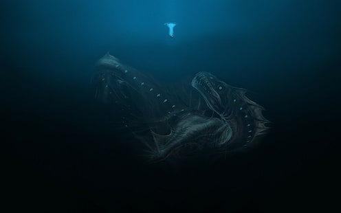 създание, дълбоко море, морски чудовища, под вода, фентъзи изкуство, HD тапет HD wallpaper