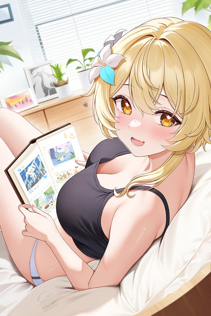 Genshin Impact, artwork, Lumine (Genshin Impact), anime, anime girls, blonde, yeux jaunes, chemise courte, décolleté, gros seins, au lit, livre à la main, chambre à coucher, fleur dans les cheveux, Fukuro Ko, Fond d'écran HD, fond d'écran de téléphone