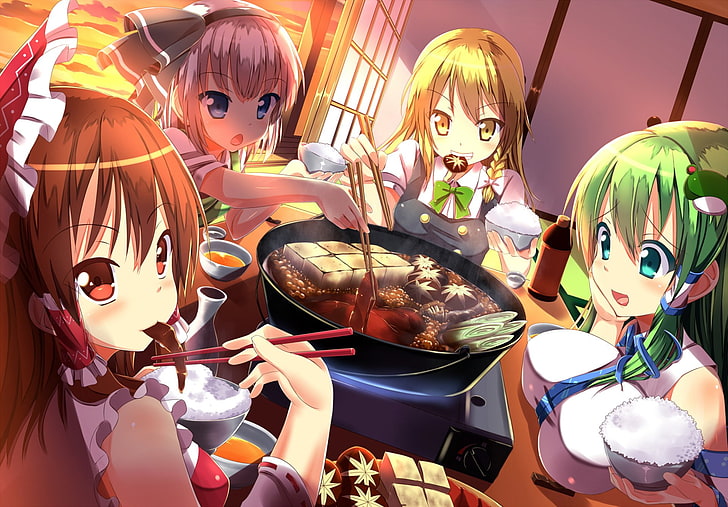 Anime, Touhou, Marisa Kirisame, Reimu Hakurei, Sanae Kochiya, Youmu Konpaku, HD-Hintergrundbild