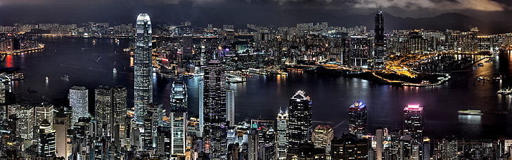 고층 빌딩, 도시 풍경, 도시, 밤의 항공보기, HD 배경 화면