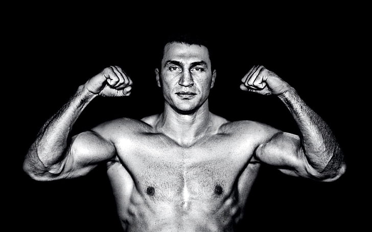 grayscale photo of man raising his fists, BACKGROUND, BODY, LOOK, BLACK, MUSCLE, BLACK AND WHITE, CHAMPION, WLADIMIR KLITSCHKO, BOXING, HD wallpaper