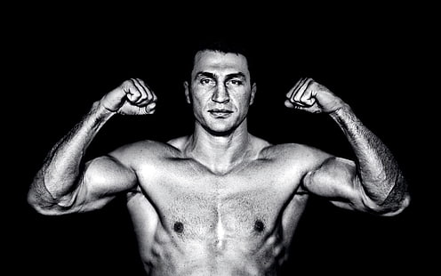 grayscale photo of man raising his fists, BACKGROUND, BODY, LOOK, BLACK, MUSCLE, BLACK AND WHITE, CHAMPION, WLADIMIR KLITSCHKO, BOXING, HD wallpaper HD wallpaper