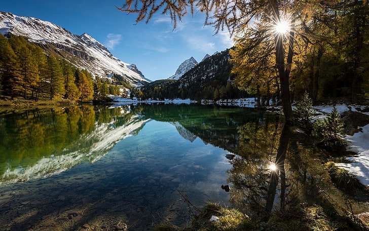 árbol verde y cuerpo de agua, naturaleza, paisaje, lago, Alpes, montañas, bosque, reflexión, pico nevado, otoño, agua, Fondo de pantalla HD