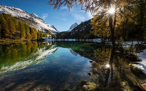 árbol verde y cuerpo de agua, naturaleza, paisaje, lago, Alpes, montañas, bosque, reflexión, pico nevado, otoño, agua, Fondo de pantalla HD HD wallpaper