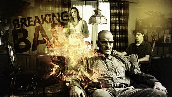 two men sitting on chair and woman standing near window poster, Breaking Bad, Walter White, Bryan Cranston, fire, sepia, living rooms, Skyler White, HD wallpaper HD wallpaper