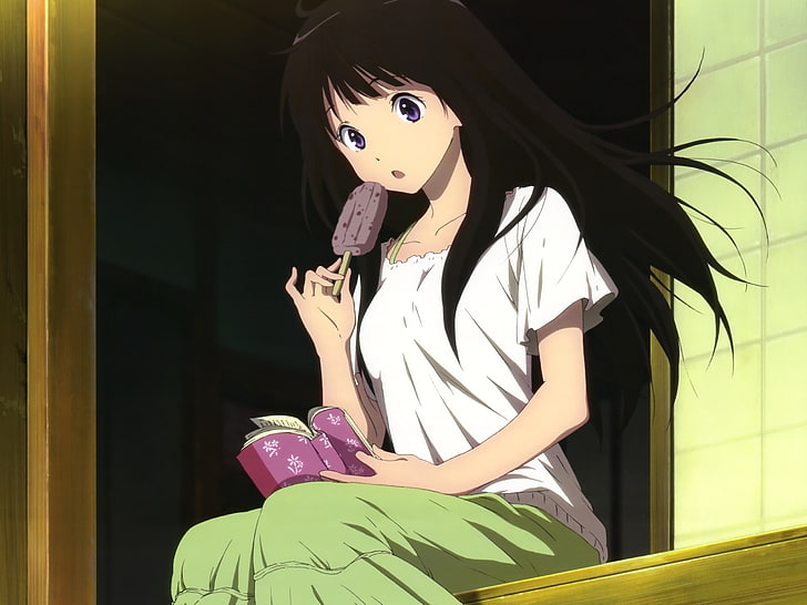 femme mangeant illustration popsicle, fille, brune, crème glacée, hyouka, Fond d'écran HD
