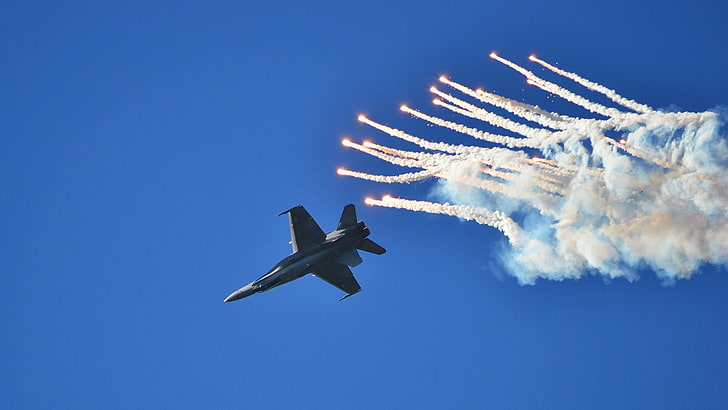 aircraft, military aircraft, McDonnell Douglas F/A-18 Hornet, flares, smoke, HD wallpaper