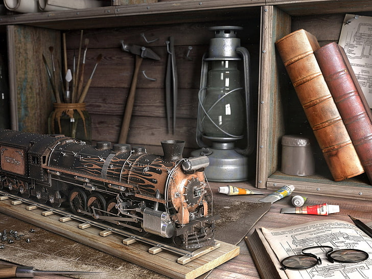 черно-коричневая модель поезда, игрушки, письменный стол, книги, паровоз, HD обои