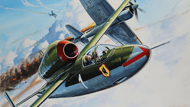 Kampfflugzeugabbildung, Abbildung, Luftwaffe, Heinkel, Leute-Jäger, Salamander, er 162, Spatz, deutscher einmotoriger Düsenjäger, HD-Hintergrundbild