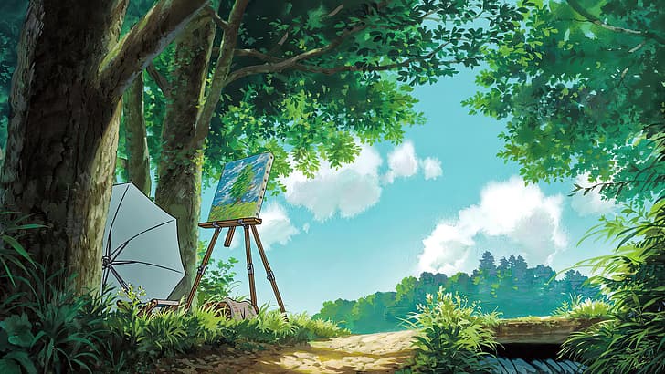 The Wind Rises, animated movies, film stills, anime, animation, sky, clouds, water, umbrella, trees, painting, leaves, Studio Ghibli, Hayao Miyazaki, HD wallpaper
