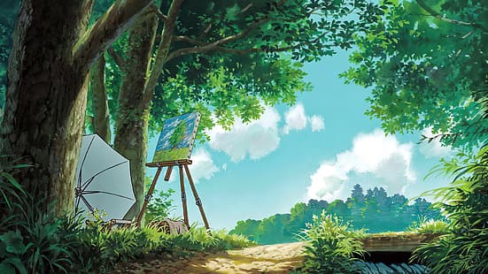 Вятърът се надига, анимационни филми, снимки от филми, аниме, анимация, небе, облаци, вода, чадър, дървета, картина, листа, Studio Ghibli, Hayao Miyazaki, HD тапет HD wallpaper