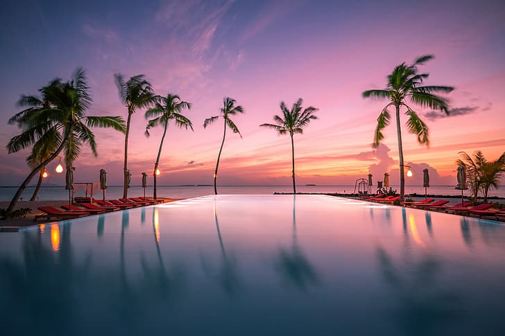 Sonnenuntergang, Tropen, Palmen, Ozean, Pool, Malediven, Indischer Ozean, Indischer Ozean, Malediwy, HD-Hintergrundbild