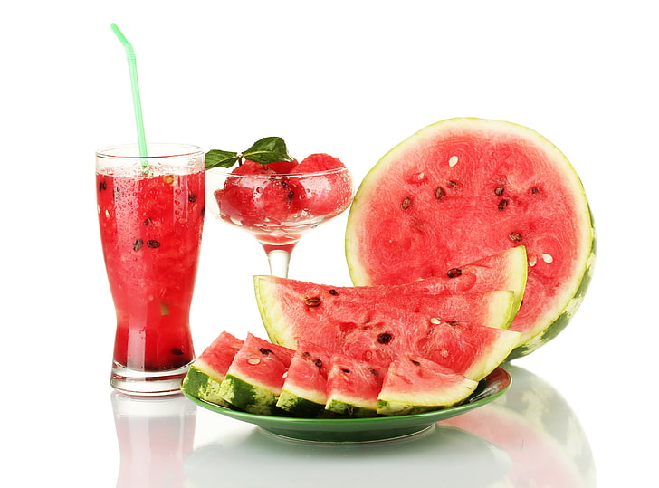 Wassermelone und grüne Keramikplatte, Wassermelone, Beere, Saft, HD-Hintergrundbild