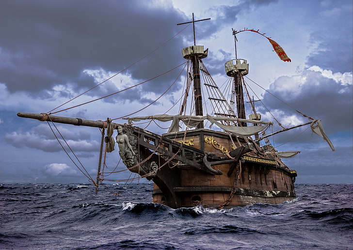 brązowo-biały statek piracki, drewno, woda, żagle łodzi, Tapety HD