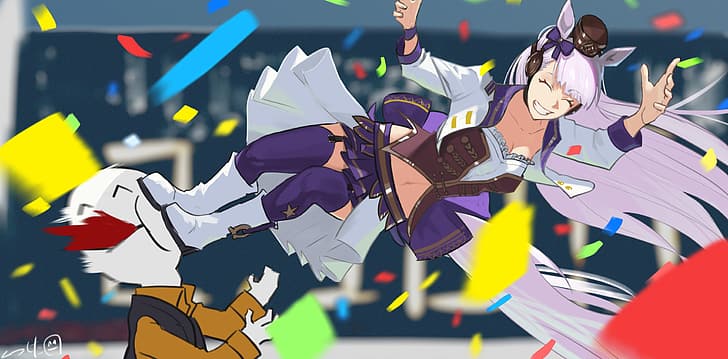 Uma Musume Pretty Derby, blood spatter, cleavage, smiling, anime girls, kick, garter straps, purple stockings, tail, uniform, white jacket, miniskirt, big boobs, long hair, closed eyes, Gold Ship (Uma Musume), animal ears, white boots, confetti, women outdoors, blurry background, 2D, grin, silver hair, horse girls, anime, thighs, belly, hair ribbon, jumping, fan art, artwork, HD wallpaper