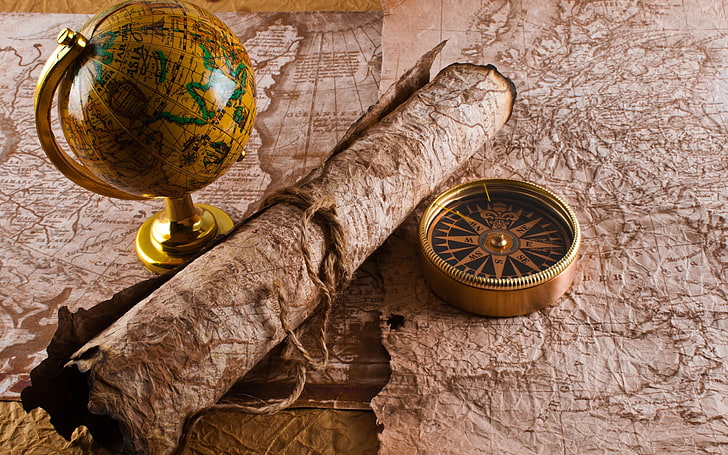 yellow desk globe with map, artwork, globes, map, compass, scrolls, HD wallpaper