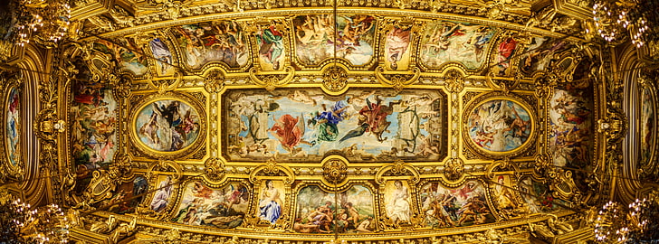 Ceiling of the Grand Foyer Palais Garnier, gold-colored serving tray, Architecture, Design, Paris, House, Gold, France, Historic, Gorgeous, Opera, Palais Garnier, Opera de Paris, neo-baroque, HD wallpaper