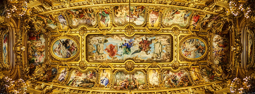 Ceiling of the Grand Foyer Palais Garnier, gold-colored serving tray, Architecture, Design, Paris, House, Gold, France, Historic, Gorgeous, Opera, Palais Garnier, Opera de Paris, neo-baroque, HD wallpaper HD wallpaper