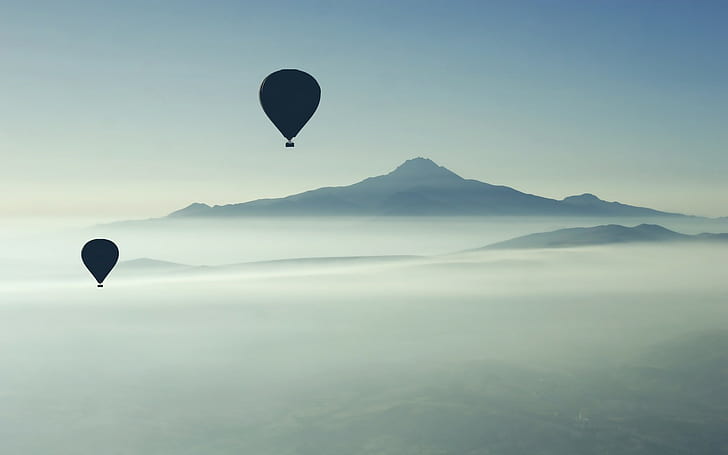 балон, балони с горещ въздух, мъгла, планини, небе, HD тапет